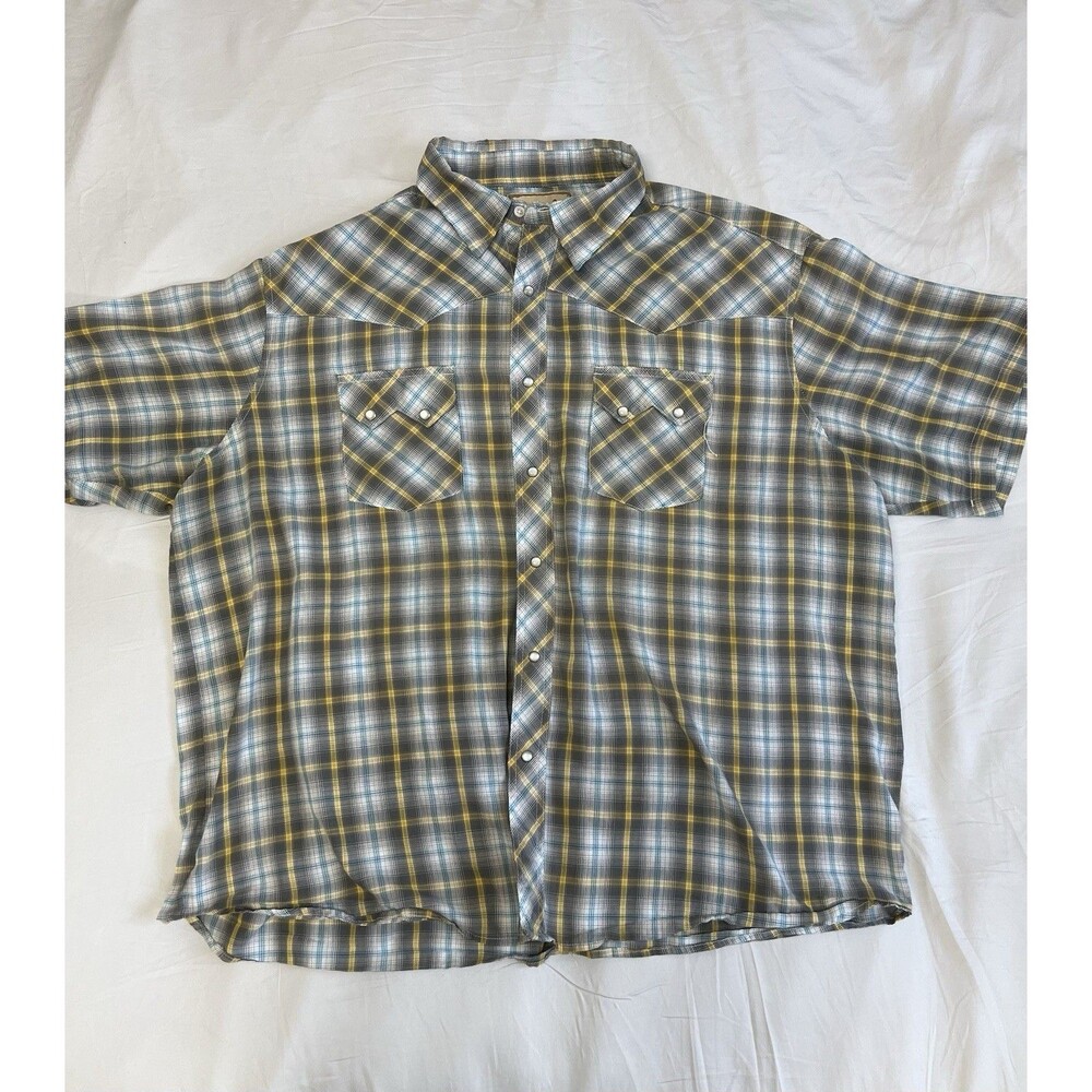 Wrangler Western Shirt Men’s 2XL Blue/Yellow Plaid Pearl Snap Cowboy Rodeo